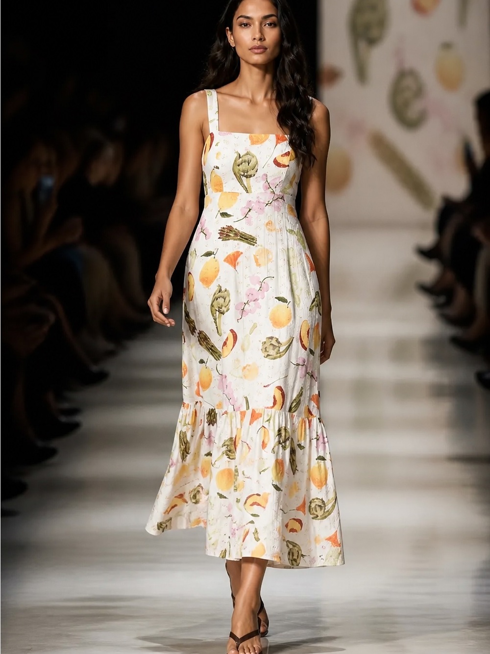 Floral Fruit Print Sleeveless Midi Dress - White/Peach